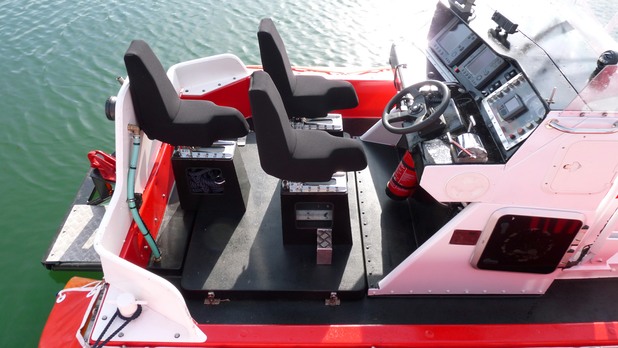 Three Wavemaster shock mitigation seat fitted on a Norsafe Magnum Lifeboat working in the Baltic Sea